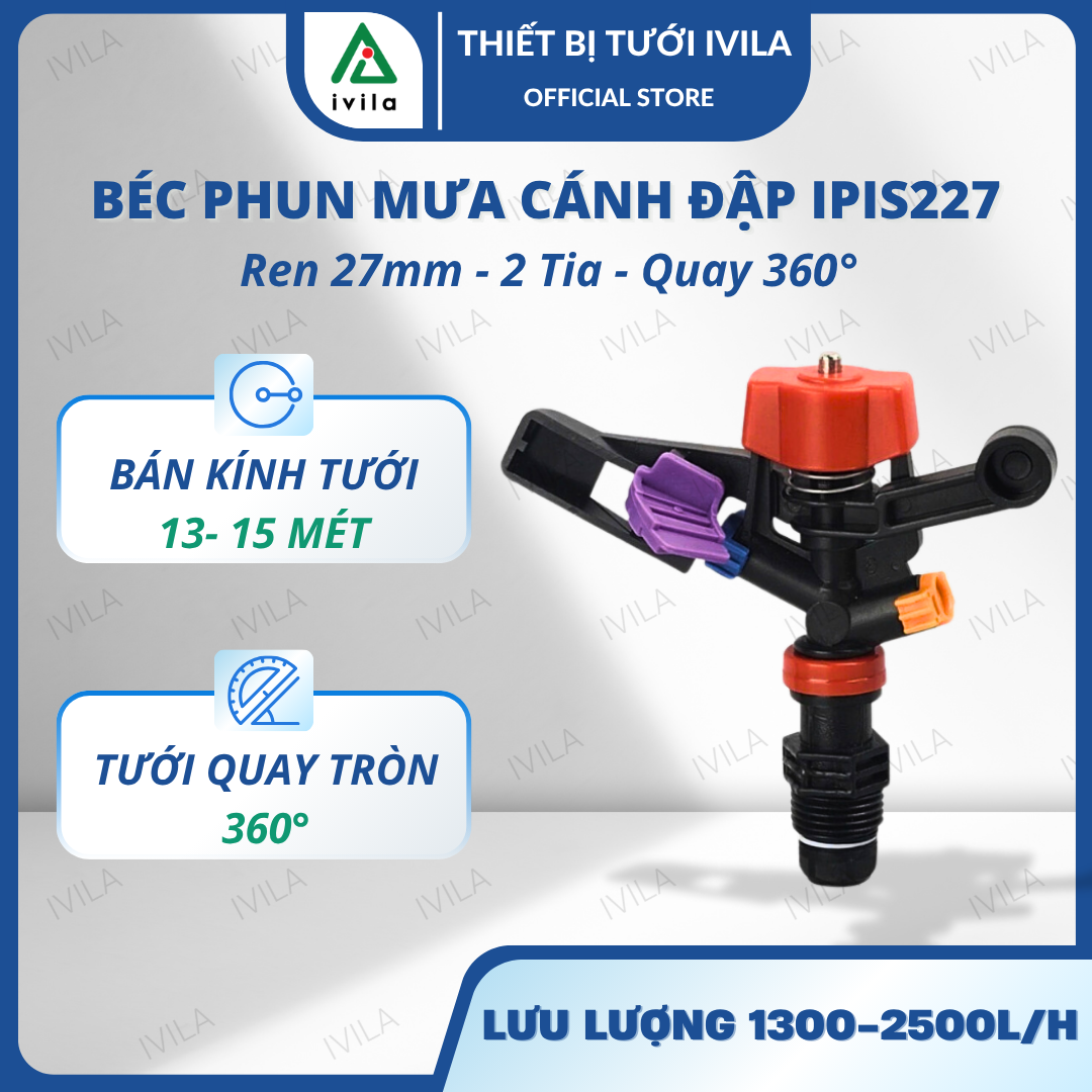 Béc phun mưa cánh đập IPIS227 ren 27mm 2 tia quay tưới 360 độ