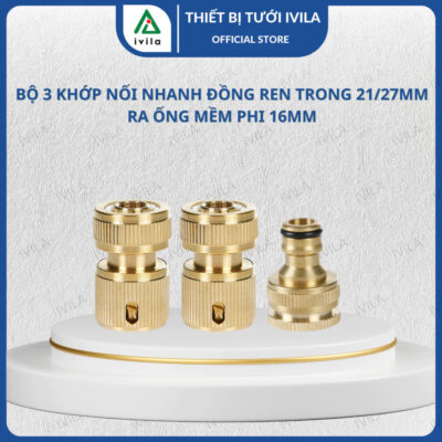 Bộ 3 khớp nối nhanh đồng ống dẫn nước sân vườn 13-18mm/20-25mm KNND (đồng)
