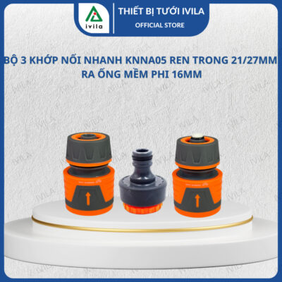 Bộ 3 khớp nối nhanh ống dẫn nước sân vườn 13-18mm/20-25mm KNNA05 (màu cam xám có bọc cao su)